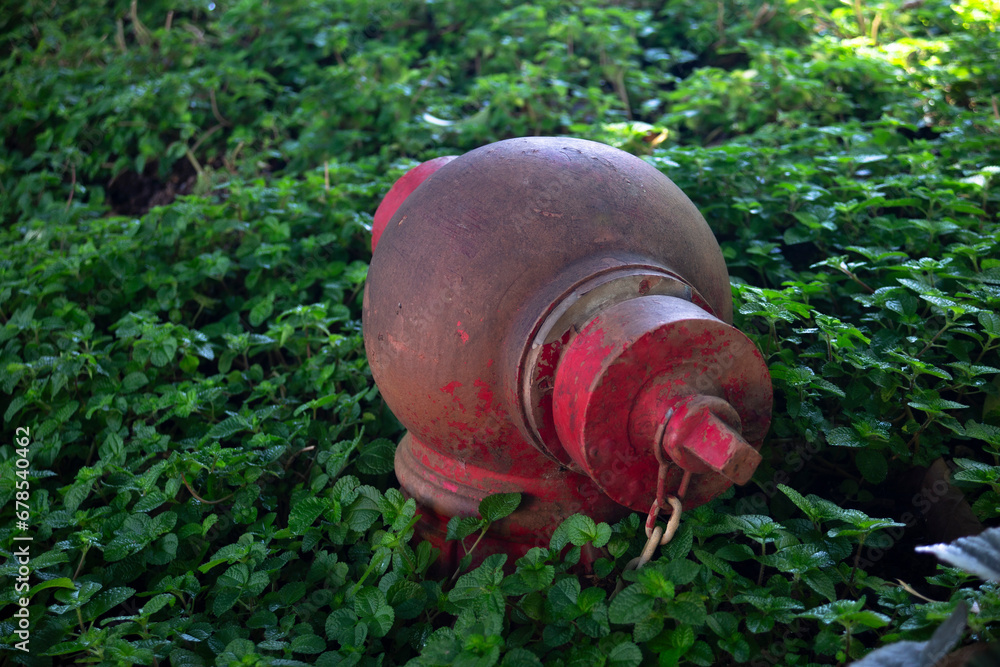 Old red fire hydrant on the green grass in the garden. Old red fire hydrant on the green grass in the garden.