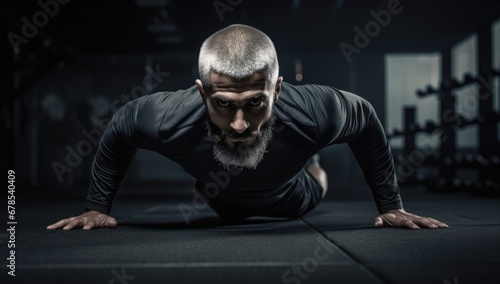 Young athletic man doing push-ups in gym