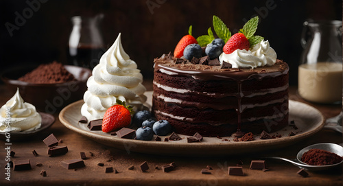 Indulgent gourmet dessert dark chocolate cake with whipped cream photo