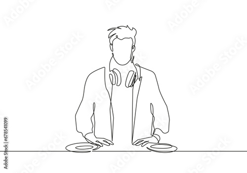 Male Dj Continuous One Line Drawing. Musician Trendy Minimal Illustration Black Sketch Isolated on White Background. Gay with Headphones Line Drawing for Minimal Design, Social Media. Vector EPS 10 