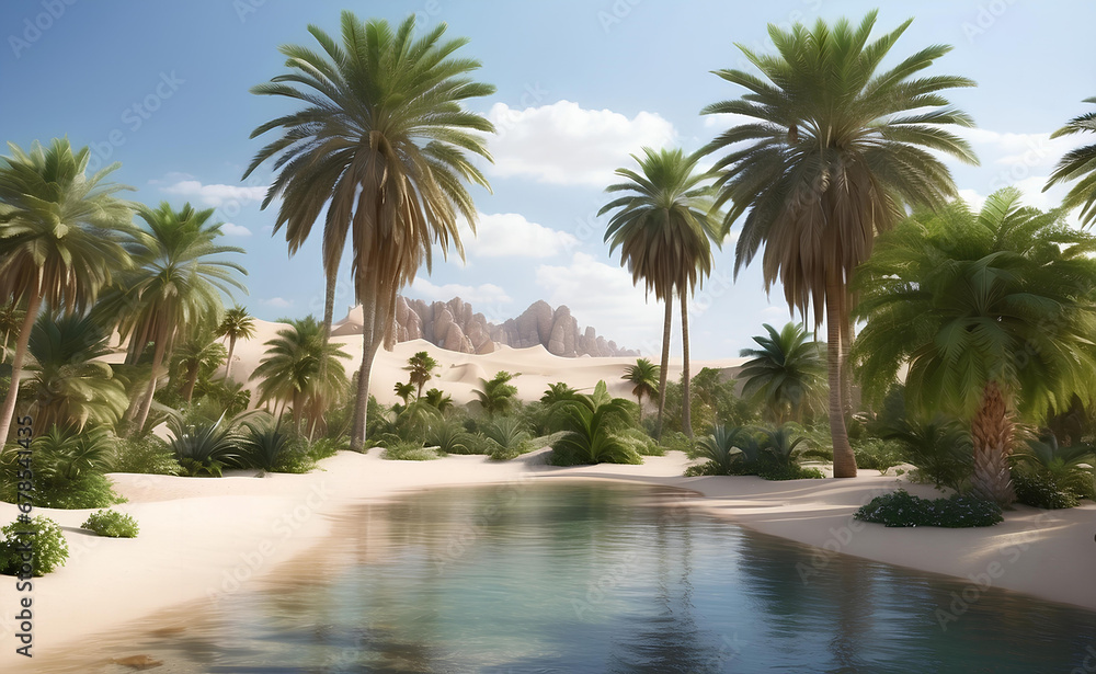 Fototapeta premium Beautiful oasis with tropical plants in desert.