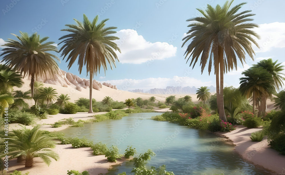 Obraz premium Beautiful oasis with tropical plants in desert.
