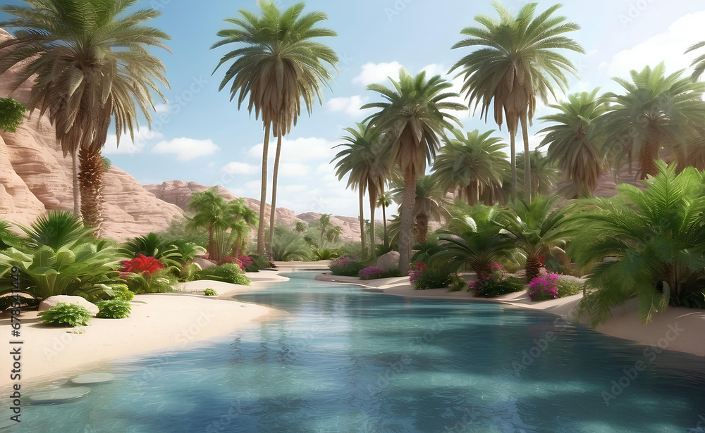Fototapeta premium Beautiful oasis with tropical plants in desert.