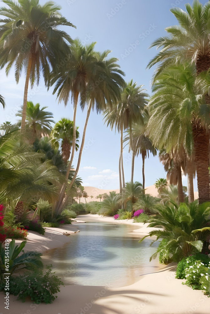 Fototapeta premium Beautiful oasis with tropical plants in desert.