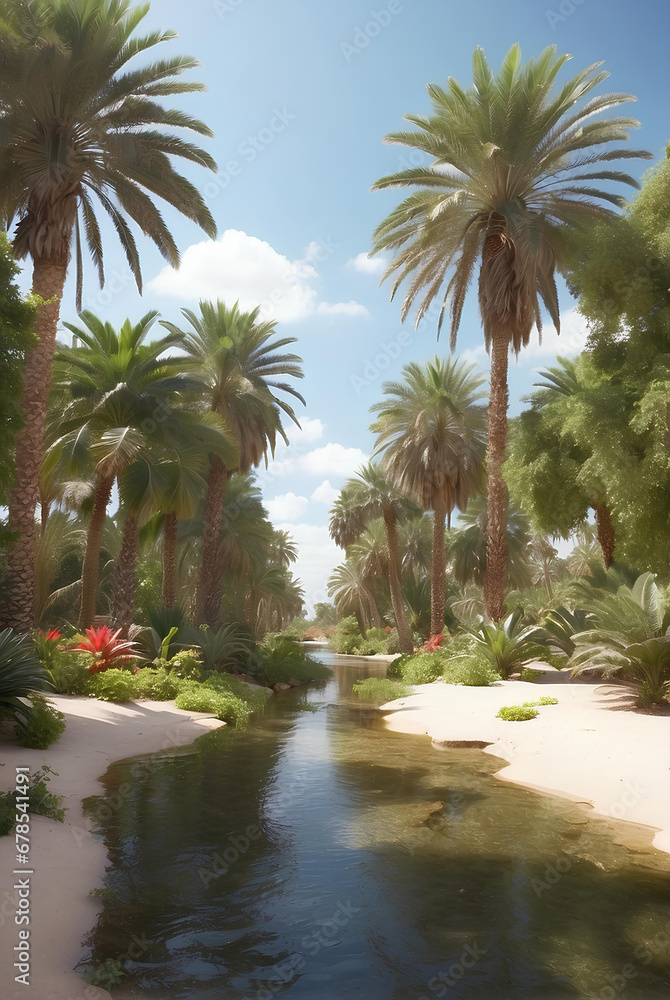 Beautiful oasis with tropical plants in desert. Beautiful oasis with tropical plants in desert.