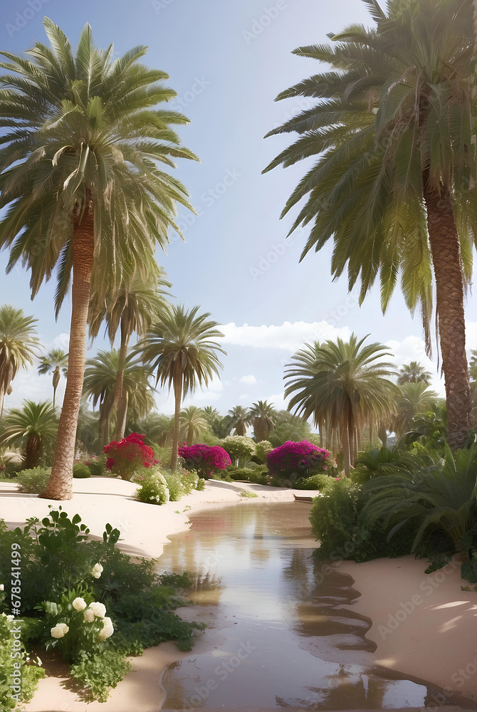 Fototapeta premium Beautiful oasis with tropical plants in desert.