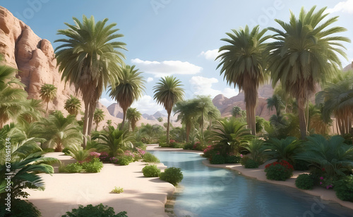 Beautiful oasis with tropical plants in desert.