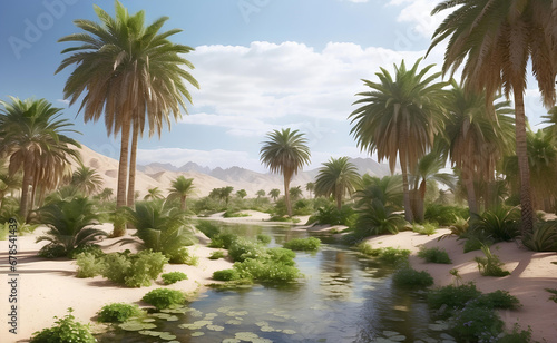 Beautiful oasis with tropical plants in desert. © Creative_Bringer