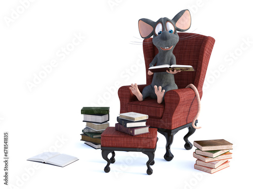 3D rendering of a cartoon mouse reading book in armchair.