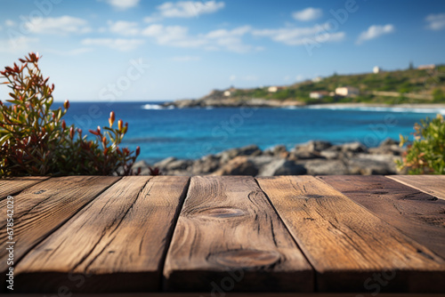 wooden platform or podium with beach background  product placement