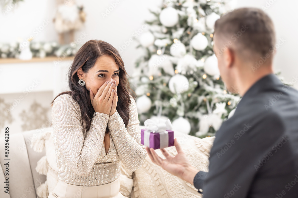 Boyfriend surprises his girlfriend with proposal for Christmas kneeing in front of her - obrazy, fototapety, plakaty 
