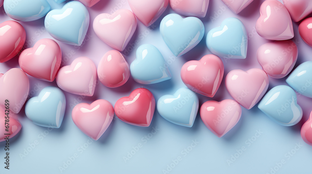 Valentine's Day background with pink and blue hearts. 3d rendering. 