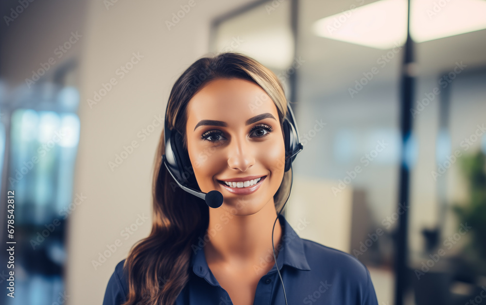 Smiling woman with headphones at call center desk Smiling woman with headphones at call center desk