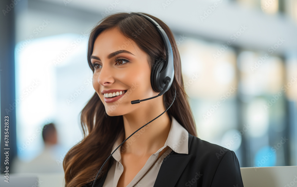 Smiling woman with headphones at call center desk Smiling woman with headphones at call center desk