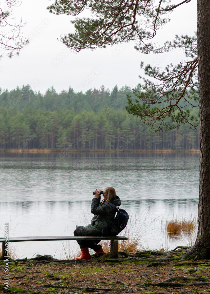 woman looking through binoculars on the shore of a swamp lake, forest and swamp vegetation, rainy and cloudy day woman looking through binoculars on the shore of a swamp lake, forest and swamp vegetation, rainy and cloudy day