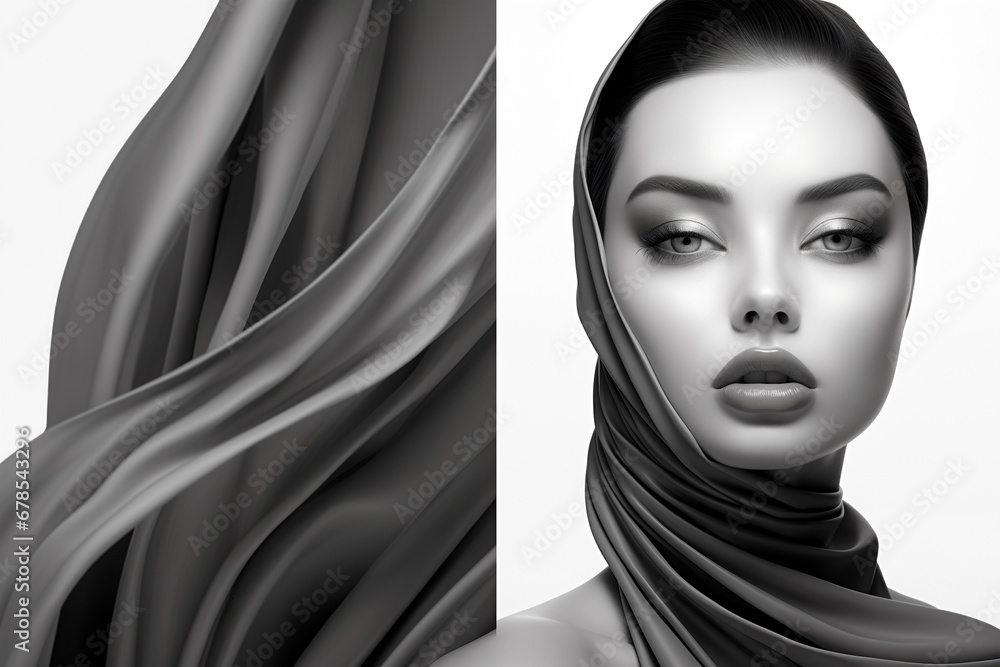 Portrait of a beautiful young woman with gray cloth. Model for beauty and cosmetics skincare concept Portrait of a beautiful young woman with gray cloth. Model for beauty and cosmetics skincare concept