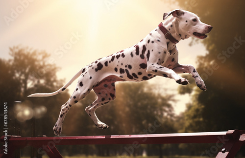 happy and active dog ​​flying over an obstacle at an agility competition
