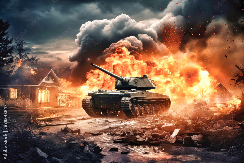 War Concept. Attack on a peaceful city or village. Hostilities. Tank against the background of fire, smoke and explosions. Fire in a destroyed house. Battle in ruined city. War Concept. Attack on a peaceful city or village. Hostilities. Tank against the background of fire, smoke and explosions. Fire in a destroyed house. Battle in ruined city.
