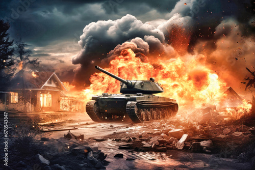 War Concept. Attack on a peaceful city or village. Hostilities. Tank against the background of fire, smoke and explosions. Fire in a destroyed house. Battle in ruined city.