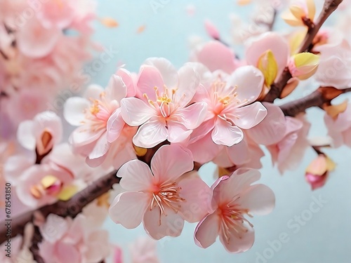 Translucent almond flowers covered in petals, bright pastel color