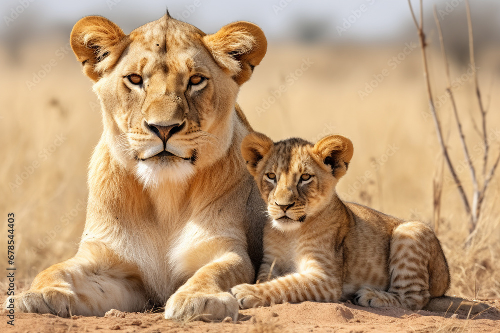 The African mother lion and her little young cub together in the savanna field, wildlife parent's care taking. Generative AI. The African mother lion and her little young cub together in the savanna field, wildlife parent's care taking. Generative AI.
