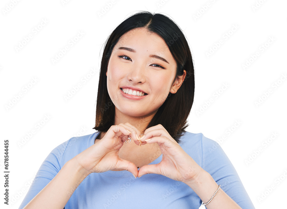 Happy asian woman, portrait and heart sign or hand gesture for romance isolated on transparent png background. Face of girl with smile, romantic emoji or love icon with symbol for valentines day. Happy asian woman, portrait and heart sign or hand gesture for romance isolated on transparent png background. Face of girl with smile, romantic emoji or love icon with symbol for valentines day.
