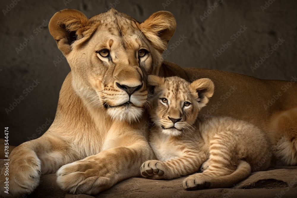 The African mother lion and her little young cub together in the savanna field, wildlife parent's care taking. Generative AI.