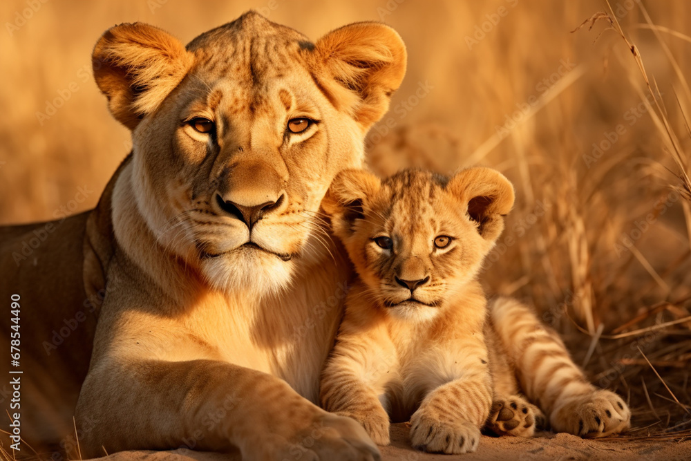 The African mother lion and her little young cub together in the savanna field, wildlife parent's care taking. Generative AI. The African mother lion and her little young cub together in the savanna field, wildlife parent's care taking. Generative AI.