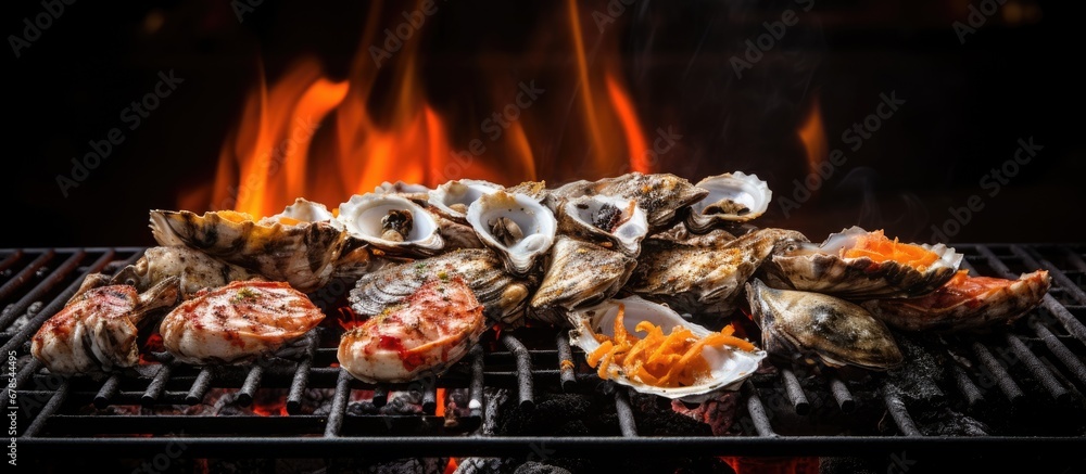 Grilled prawns and oysters with shells on a fiery barbecue