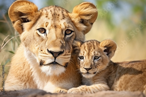 The African mother lion and her little young cub together in the savanna field  wildlife parent s care taking. Generative AI.