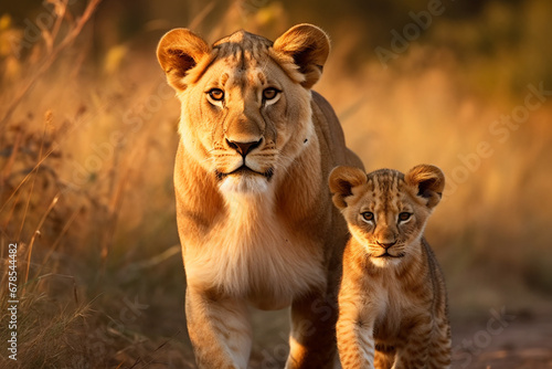 The African mother lion and her little young cub together in the savanna field, wildlife parent's care taking. Generative AI. © Surachetsh