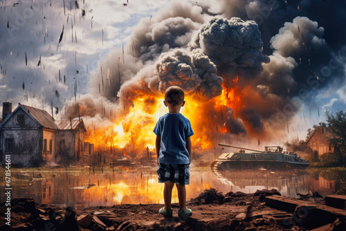 Violent explosion against the backdrop of the house. A child watches the explosion and fire. Sunset. Apocalypse. War. Nuclear threat. Third World War. Attack on a peaceful city