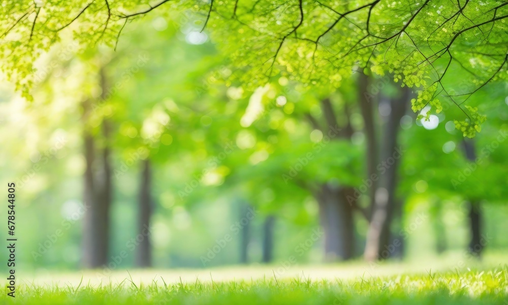 Green trees in forest or park with grass and sun beams. Beautiful summer spring natural background, Generative AI Green trees in forest or park with grass and sun beams. Beautiful summer spring natural background, Generative AI