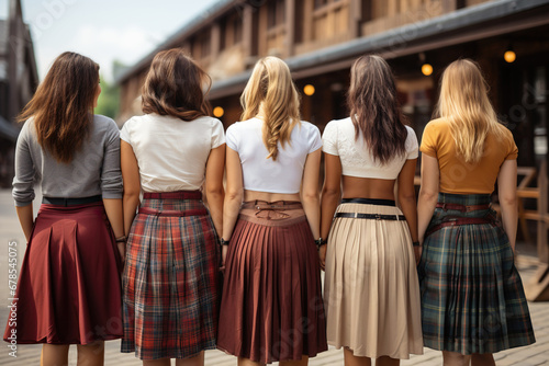 Various women in skirts pose with their backs to the camera, hugging each other like best friends. Women showing their support and equality. Generative AI photo