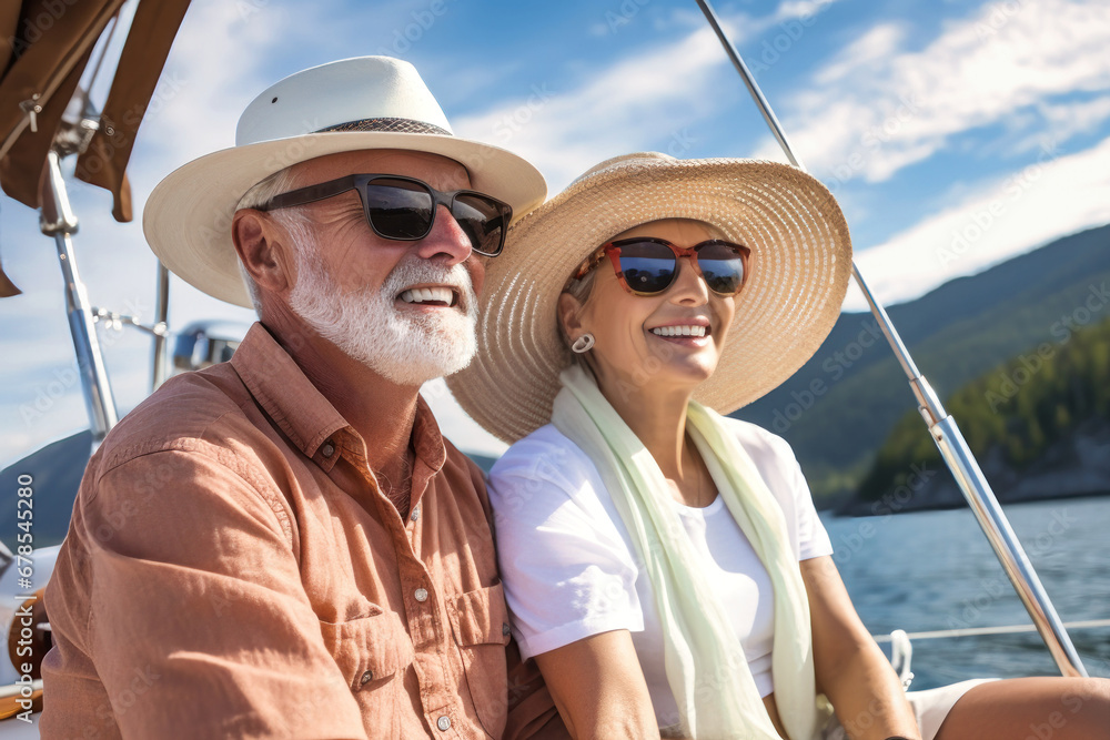 An elderly couple sits in a boat or yacht against the backdrop of the sea. Happy and smiling. Yacht trip. Sea voyage, active recreation