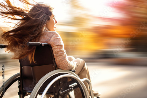 A disabled woman in a wheelchair with her hair blowing in the wind. Speed up and movement. Thirst for life and success. On open air.