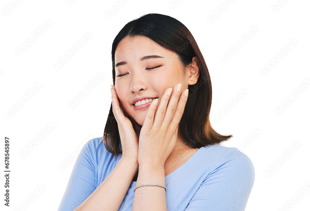 Woman, skincare and hands for natural treatment for smile cosmetics, fresh face or isolated on transparent png background. Asian person, happy and dermatology for health glow, wellness or soft touch Woman, skincare and hands for natural treatment for smile cosmetics, fresh face or isolated on transparent png background. Asian person, happy and dermatology for health glow, wellness or soft touch