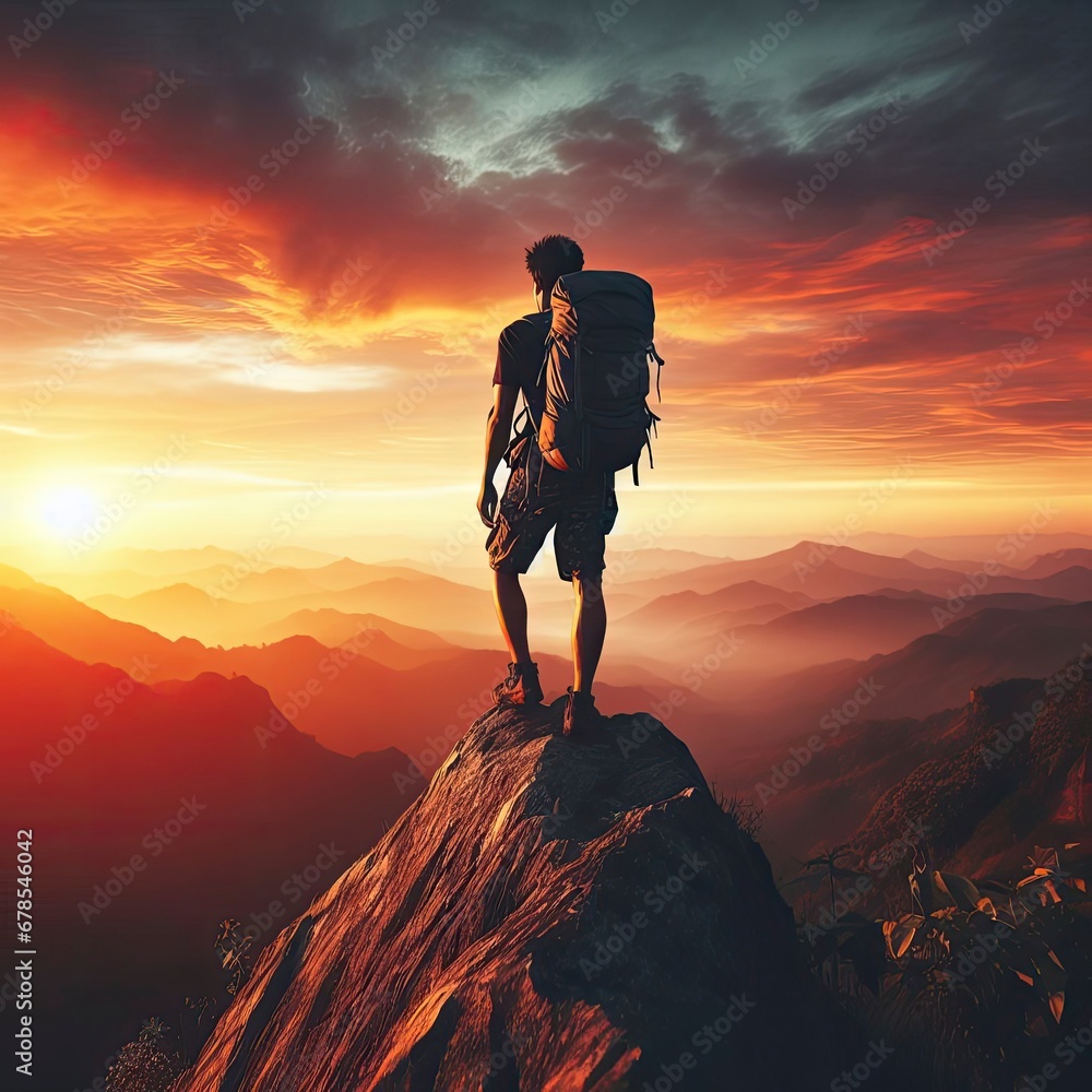 Man with backpack on the top of the mountain at sunset - Success, sport and personal growth concept. Generative AI