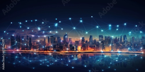 Smart city and abstract dot point connect with gradient line and aesthetic Intricate wave line design, big data connection technology concept. Future technology backdrop with circles and lines. © radekcho