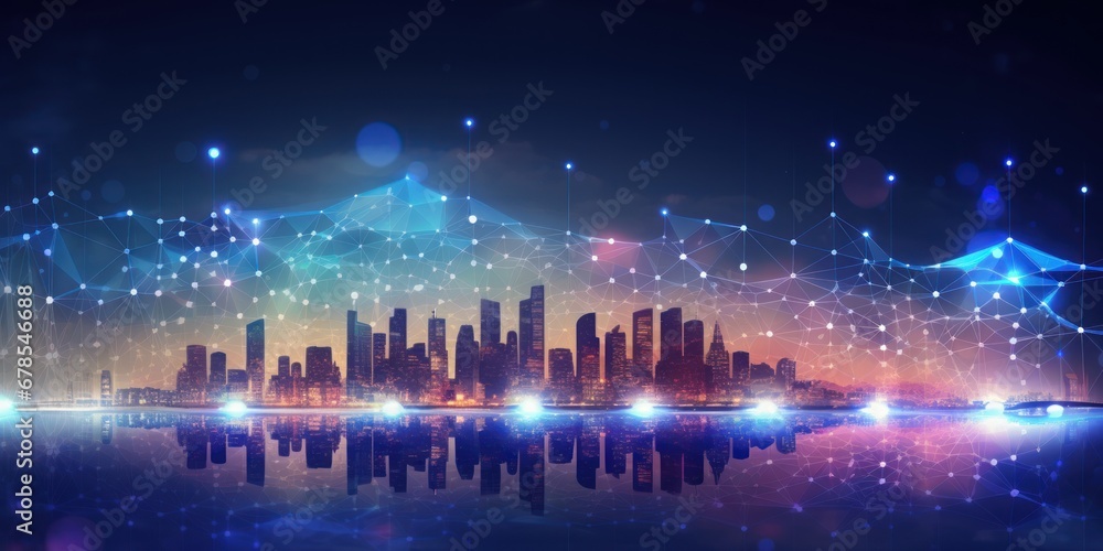 Smart city and abstract dot point connect with gradient line and aesthetic Intricate wave line design, big data connection technology concept. Future technology backdrop with circles and lines.