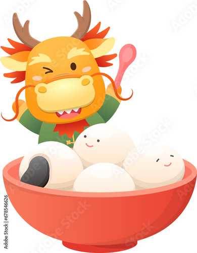 Cute and playful dragon character or mascot with glutinous rice balls for Lantern Festival or Winter Solstice, Asian sticky rice sweet food, vector cartoon style