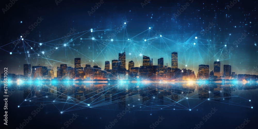 Smart city and abstract dot point connect with gradient line and aesthetic Intricate wave line design, big data connection technology concept. Future technology backdrop with circles and lines.