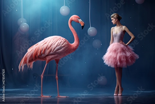 Flamingo and ballerina in ballet tutu on stage, vector ilustration, ai generative photo