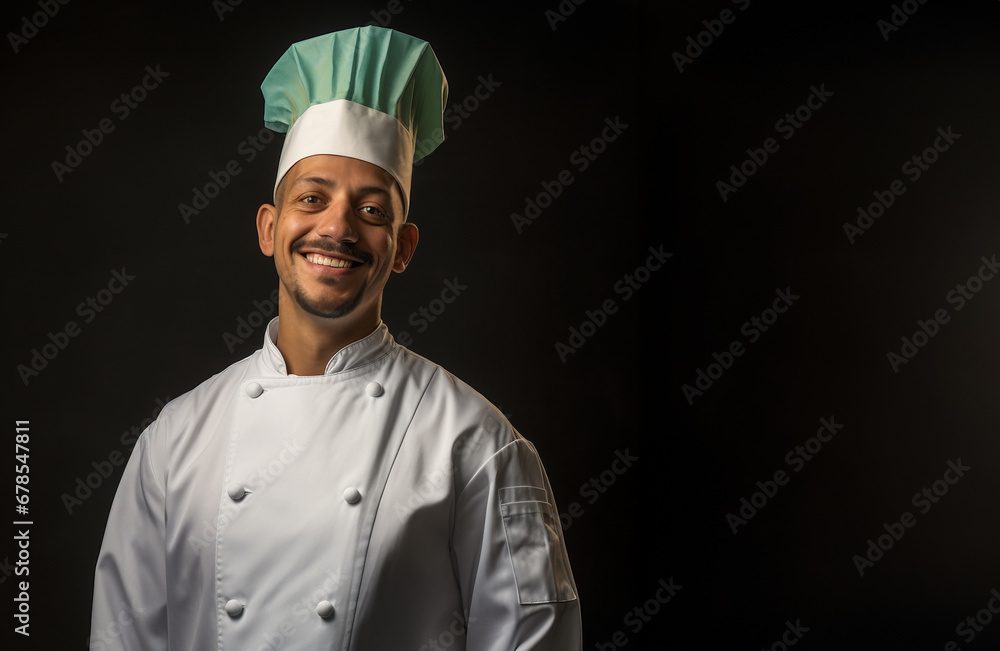 The chef invites you. Dark-skinned man wearing a chef's hat and chef outfit. dark background. Copy space. The chef invites you. Dark-skinned man wearing a chef's hat and chef outfit. dark background. Copy space.