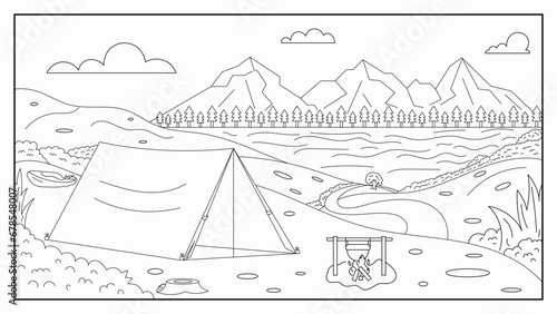 Tent on the River Bank Coloring Page Illustration For Kid