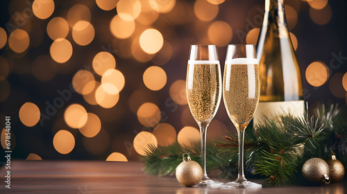Two glasses of champagne with fir branches and Christmas decorations. against the backdrop of festive New Year and Christmas bokeh lights. Copy space. New Year celebration concept. photo