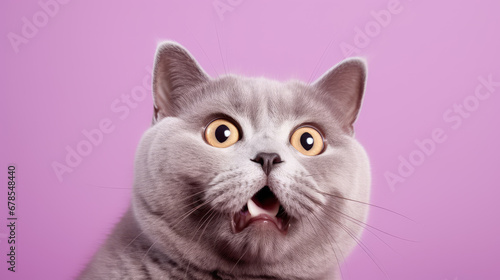 A surprised face cat against purple background