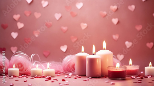 copy space  stockphoto  beautiful valentine background with some candles and romatic colors. Romantic backbround or wallpaper for valentine   s day. Beautiful design for card  greeting card.