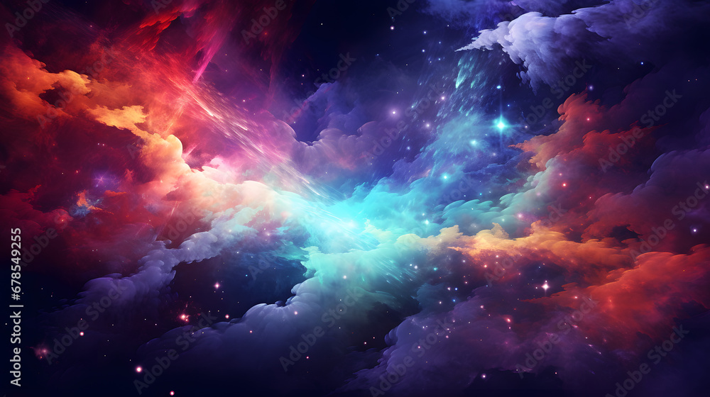 Abstract space wallpaper. Black hole with lighn ray and nebula over colorful stars with cloud fields in outer space cloud texture. Generative Ai.
