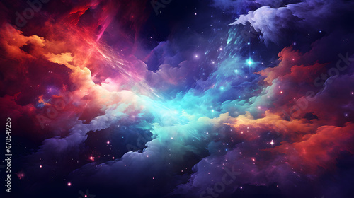 Abstract space wallpaper. Black hole with lighn ray and nebula over colorful stars with cloud fields in outer space cloud texture. Generative Ai. © tfk